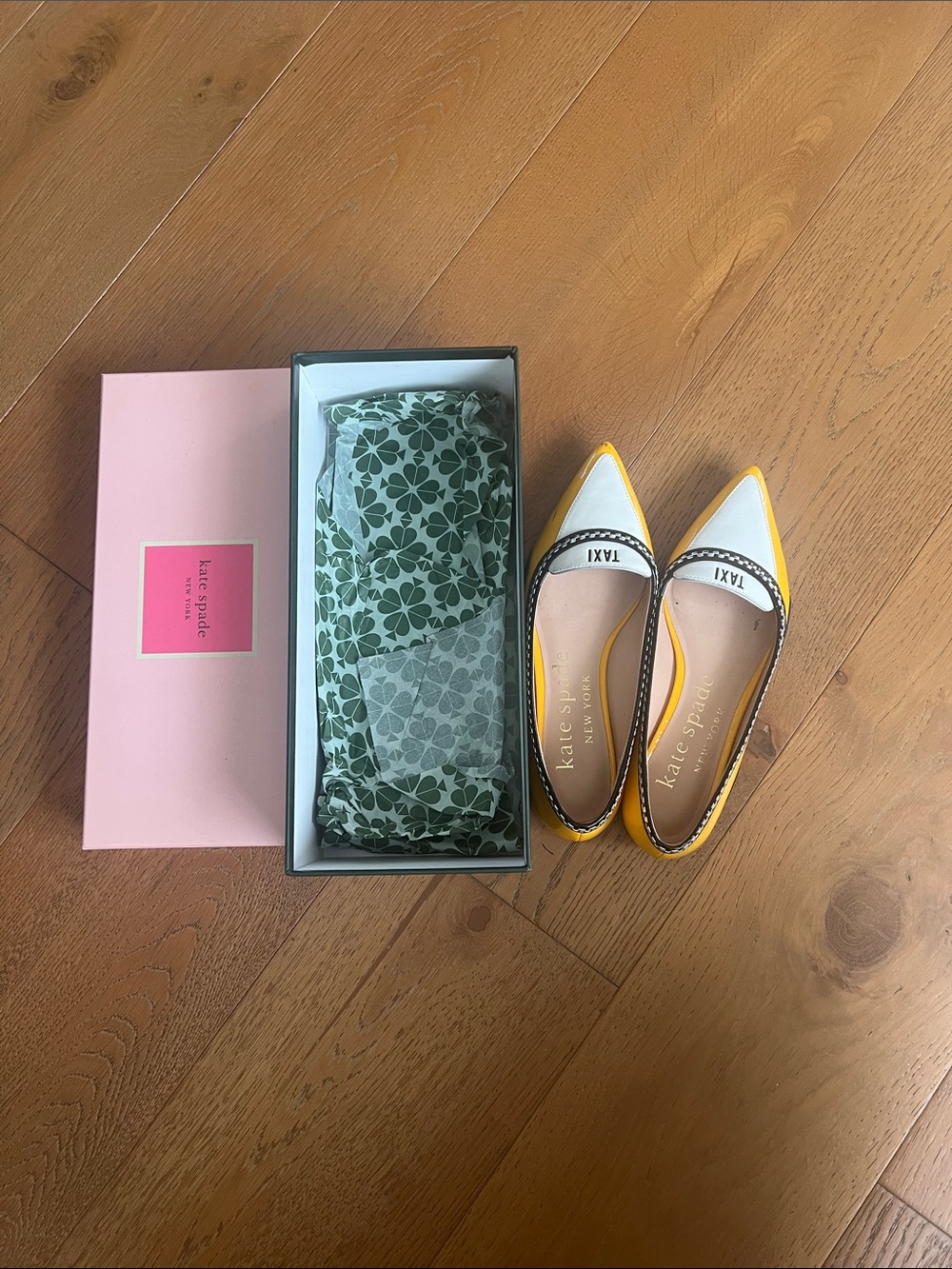 kate spade Yellow and White Pointed Toe Flats with Black Trim